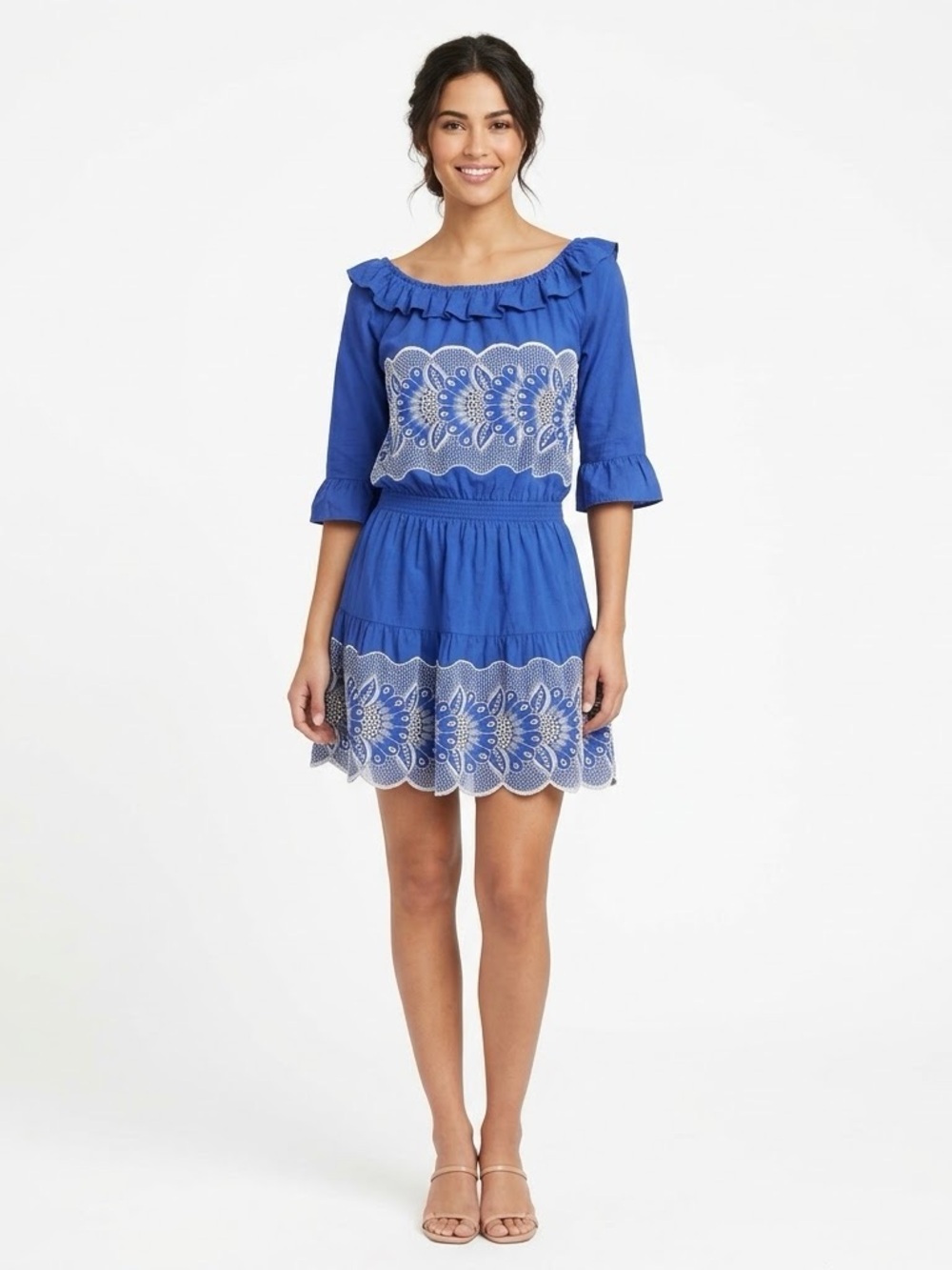 Valerie Khalfon Embroidered Lace Tiered Ruffle Mini Dress Size 6